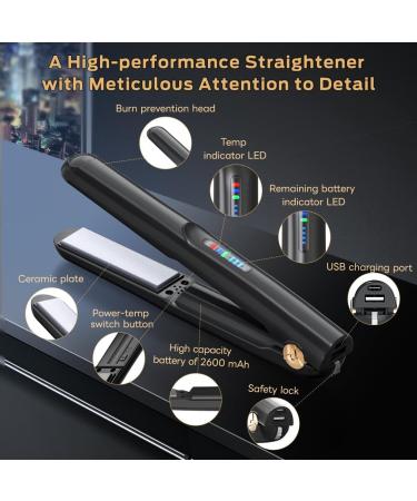 Cordless Hair Straightener & Curler 2 in 1 - Mini Wireless Portable Ceramic Flat Iron for Travel | USB Rechargeable Hot Tools for Women & Men - Black - Buy Online on GoSupps.com