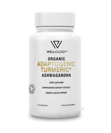 Turmeric Capsules High Strength - 1800mg Organic Turmeric Boosted with Ashwagandha KSM-66 Ginger Root & Black Pepper - Adaptogenic Supplement - 120 Vegan Curcumin Tablets by Wellology