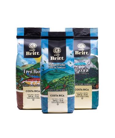 Caf Britt - Costa Rican Origins Coffee Bundle (12 oz.) (3-Pack) (Tarraz Tres R os & Po s) - Whole Bean Arabica Coffee Kosher Gluten Free Gourmet & Medium Light & Dark Roast