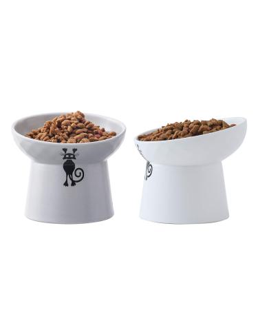 Raised Tilted Cat Food Bowls Set of 2, 5 Inch Wide Ceramic Elevated Cat Feeder Dish, 8 Ounces Slanted Pet Water Bowl, for Flat Faced Cats, Small Dogs, Protect Pet's Spine, Backflow Prevention 2P White+Grey