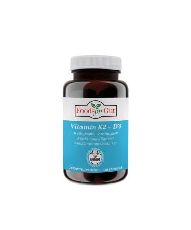 Foods For Gut Vitamin K2 (MK7) D3 & BioPerine Black Pepper Extract | 120 Capsules | Free of Top Allergens | Bone Health | Mood & Energy Support |
