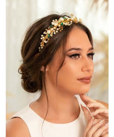 IYOU Pearl Wedding Headband Gold Crystal Bride Hair Bands Crown Rhinestone Prom Bridal Hair Accessories for Women - Buy Online on GoSupps.com