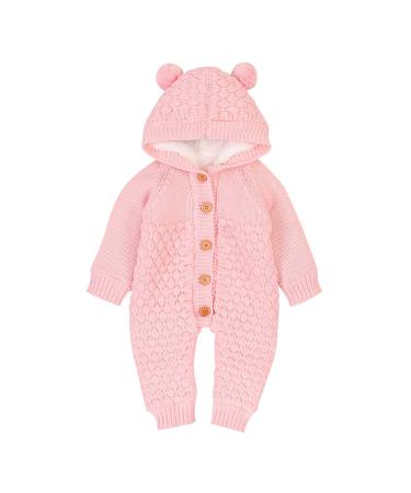 VICROAD Baby Hooded Knitted Rompers Newborn Girls Boys Onesies Warm Sweater Jumpsuit Outfits 6-12 Months Pink - Thick