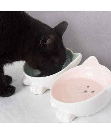 Navaris 2 x Ceramic Cat Bowls - Twin Pack of Cat Feeding Dishes with Anti Slip Silicone Feet - Rose and Green Cat Shaped Food and Water Bowls for Cats - Buy Online on GoSupps.com