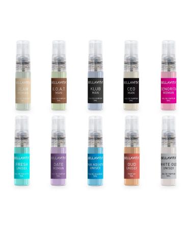 Bell'a Vita Luxury Men & Women Trial Pack Of 10 X 5Ml Pocket Aerosol Perfumes Unisex Fresh Scent Fragrance Mix Of Edp Edt & Edc Long Lasting Perfume Sweet Floral Woody Musky & Spicy.