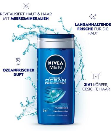 NIVEA MEN Fresh Ocean Nourishing Shower Gel (250 ml) with Sea Minerals and Ocean Fresh Fragrance Refreshing Shower for Body Face and Hair Fresh Ocean Biodegradable Formula - Buy Online on GoSupps.com