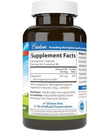 Carlson Magnesium 350 mg Muscle Function & Nerve Health - 90 Capsules - Buy Online on GoSupps.com