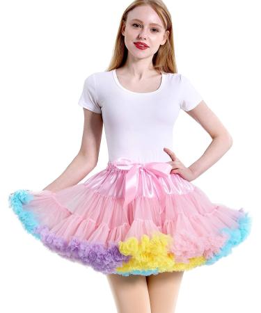 Women's Elastic Waist Chiffon Petticoat Puffy Tutu Tulle Skirt in Pink Rainbow - Buy Online on GoSupps.com