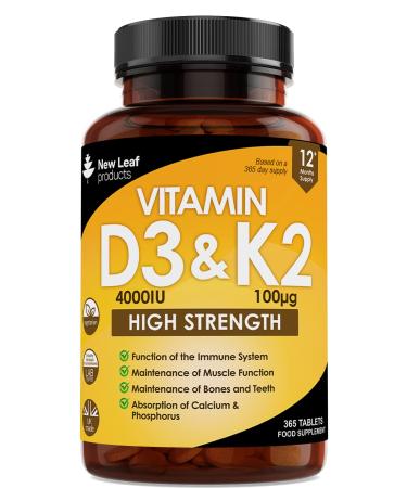 Vitamin D3 K2 - Vitamin D3 4000iu & Vitamin K2 100ug (MK7) 1 Year Supply Supports Immunity Calcium Absorption and Bone Health Non-GMO UK Made by New Leaf 365 Micro Small Vegetarian Tablets 12 Months supply