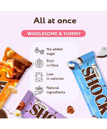 FitnesSHOCK Protein Bar Mix Box 12-Pack Fitness Bars No Added Sugar High 20% Protein Low Carb Almost Sugar-Free (1g) Low Calorie High in Fiber 12x50g Mix Box 50g - Buy Online on GoSupps.com