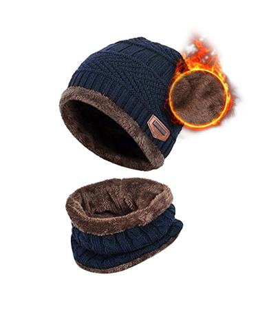 Aisprts Kids Winter Beanie Hat and Scarf Set Knitted Thermal Fleece Lining Hat and Snood Neck Warmer for Boys Girls One Size Navy Blue
