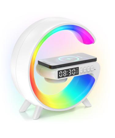 Sunrise Alarm Clock Wake Up Light with Bluetooth Speaker Wireless Charger Bedside Night Lamp with Snooze Function Dimmable Night Light RGB Color Changing Atmosphere Lamp for Bedroom (White)