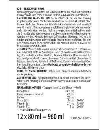 Activlab Black Wolf Pre-Workout Shot 80ml | Beta-Alanine Caffeine & Vitamins | Boost Strength & Endurance | Box of 12 | International Shipping - Buy Online on GoSupps.com