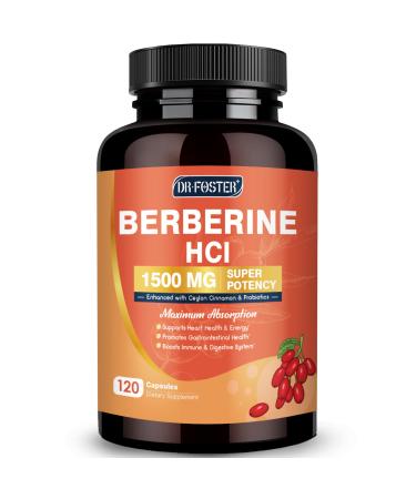 DRFOSTER Berberine HCL 1500mg Berberine Supplement with Ceylon Cinnamon Magnesium & Probiotics - Supports Gut Health & Immune System Non-GMO 120 Capsules 120 Count (Pack of 1)