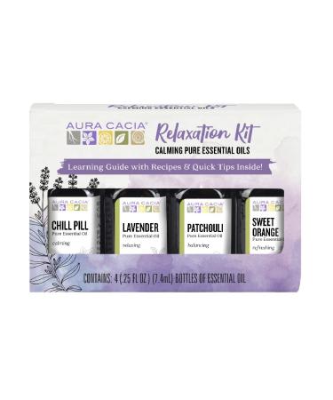 Aura Cacia Relaxation Kit | GC/MS Tested for Purity | 4 Bottles 7.4ml (0.25 fl. oz.) Relaxation Kit: Lavender:Patchouli/Sweet Orange/Chill Pill