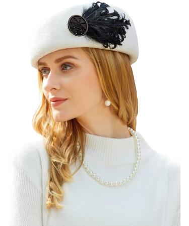 ORIDOOR Women Vintage 100% Wool Felt Flowers Bucket Cloche Bowler Hat Church Wedding Dress Fascinator Hat One Size 011 White