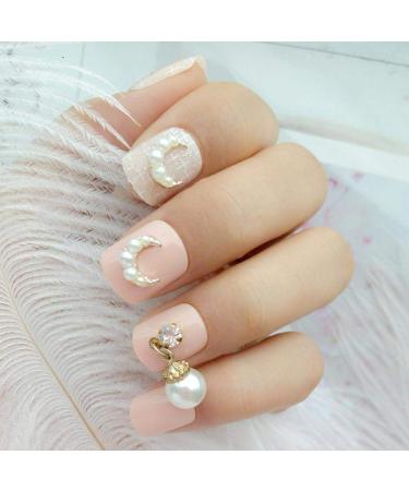 Hujl artificial nails "3d pearl acrylic fake nail tips light orange short fake nails with DIY design full cover manicure tool"