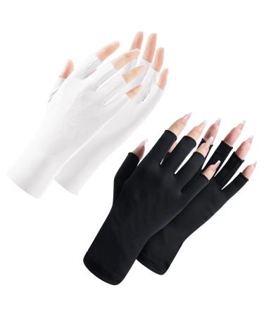SSKHE UV Gloves for Gel Nails 2 Pairs UV Protection Gloves Women UV Protection Fingerless Glove for Nail Lamp Skin Care Fingerless Gloves Protect Hands from UV Harm(Black And White)