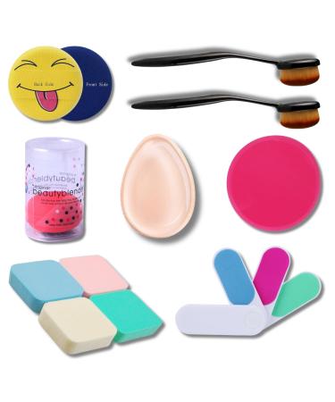 Out Of Box 11-Piece Beauty Tool Combo - Includes 2 Oval Makeup Blush Brushes 1 Emoji Puff 1 Blender 1 Silicone Blender 2-in-1 1 Big Puff 4 Makeup Sponges 1 Nail File 4-in-1