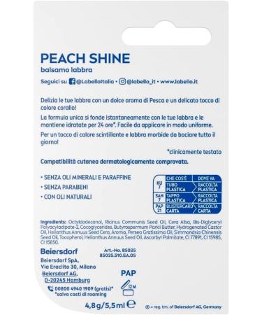  Labello Labello Peach Shine Burrocacao Coloured Lips with Peach Aroma Lip Balm 24 Hour Moisturizing Lip Balm with Natural Ingredients - 4 Sticks - Buy Online on GoSupps.com