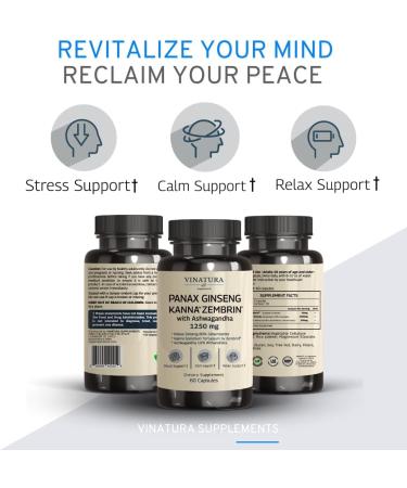 VINATURA Ashwagandha Korean Ginseng Kanna Zembrin Capsules - Brain Health & Stress Relief Support - 1250mg - Panax Ginseng & Sceletium Tortuosum Blend - Buy Online on GoSupps.com