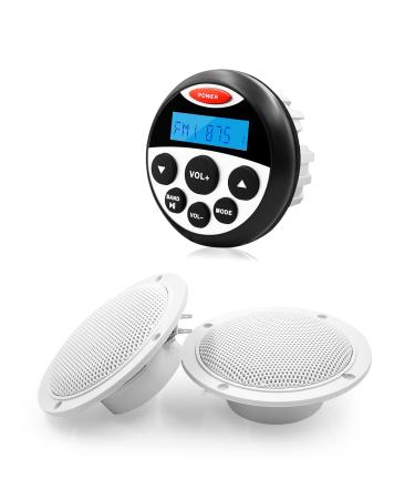 GUZARE Marine Stereo Audio Package - MP3 USB AM FM AUX in Marine Gauge Stereo Bluetooth Receiver Waterproof Radio with 1 Pair 4 Inch White Marine Speakers 304-4001W
