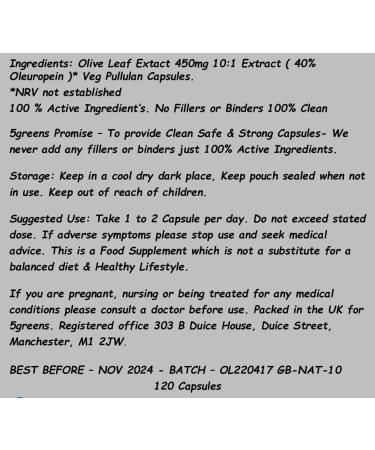 Olive Leaf Extract (Non-GMO) Super Strength: 40% Oleuropein - 450mg 10:1 Strength Equivalent to 4500mg per Capsule - Vegetarian - No Oil -120 Capsules - Buy Online on GoSupps.com