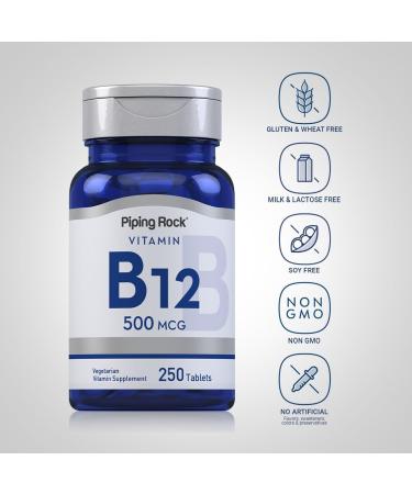 Piping Rock Vitamin B12 | 500 mcg | 250 Tablets | Supplement for Women and Men | as Cyanocobalamin | Vegetarian Non-GMO Gluten Free - Buy Online on GoSupps.com