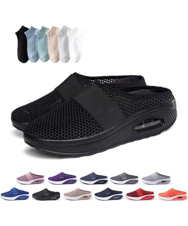 Hopomart Womens Air Cushion Slip-On Walking Shoes Orthopedic Diabetic Slippers Mesh Breathable with Arch Support Comfort Wedg Slippers 9.5 Black