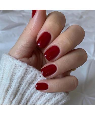 Press on Nails Square Short Red Fake Nails Full Cover with Glossy Dark Red Extra Short False Nails Artificial Acrylic Nails with Designs for Women Girls