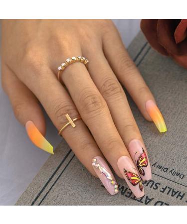 Sethexy Long Gradient Ballerina False Nails | Shiny Pink Orange Butterfly Coffin Acrylic Art Tips | 24pcs for Women & Girls - Buy Online on GoSupps.com