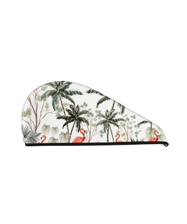 Microfiber Hair Drying Cap Flamingo Palm Trees Hair Towel Cap Soft Absorbent Hair Towel Towel Wrap with Button Quick Dry Fast Drying Hair Capsfor Curly Long & Thick Hair