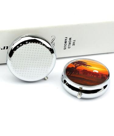 Round Pill Box with African Animal Sunset Print | 3 Compartment Decorative Metal Pill Organizer | Portable & Stylish Pocket Pill Case - Buy Online on GoSupps.com
