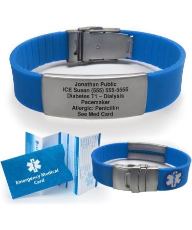 Sport Medical Alert Bracelet - Blue. Pre-engraved "DIABETES TYPE 1 INSULIN PUMP". Save 30% - Close Out Pricing! - Buy Online on GoSupps.com