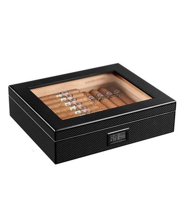 Humidor Desktop Box with Front Digital Hygrometer and Humidifier Glass Top for 30-50 Cigars