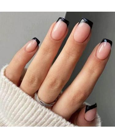 Square False Nails Short 24Pcs Black French Fake Nails Nude Press on Nails Pattern Acrylic French Nail Tips with Jelly Glue Squoval Stick on Nails for Women Girls Nails Art