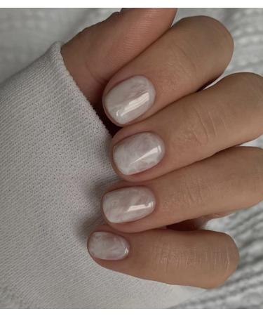 Sethexy Short Square Smokey Marble White False Nails Glossy Collection Press on Nails 24Pcs Full Cover Acrylic Stick on Nails for Women and Girls Smokey White
