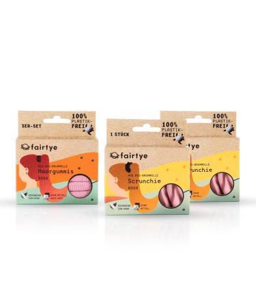 Fairhair 2 Scrunchies & 3 Set Hair tie - pink |From organic cotton & natural rubber |Without disturbing metal or seam - plastic -free |Gentle to hair & environmentally friendlyFor strong hairstyles