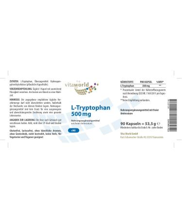 Vita World L-Tryptophan 500mg 90 Vegetarian Capsules Made in Germany - Buy Online on GoSupps.com