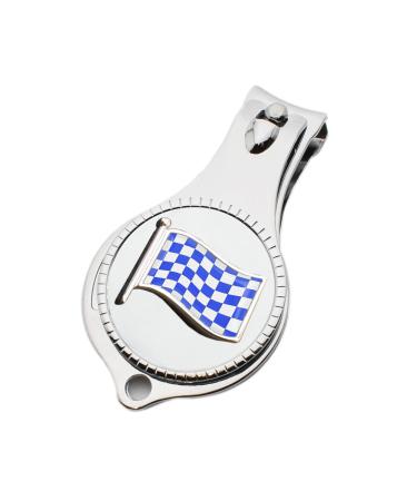 Blue Chequered Flag Design Pocket Metal Nail Clipper Bottle Opener with Personalised Engraved Message Presented in a Velvet Pouch