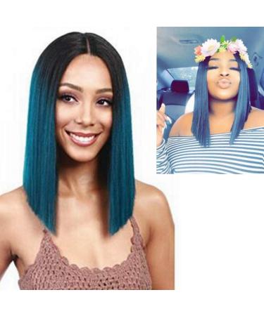 Hairpieces Lace Front Wig Short Straight Hair Natural Silky With Middle Parting Black Green Gradient for Ladies Daily Halloween Party Cosplay 12/14 Inch 12inch 14 Inch