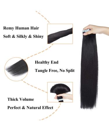 Tape Extensions Real Hair - Adhesive Hairpiece - Straight Remy 12 30cm 20g Human Hair #01 Pitch Black - 20 Pieces - Buy Online on GoSupps.com