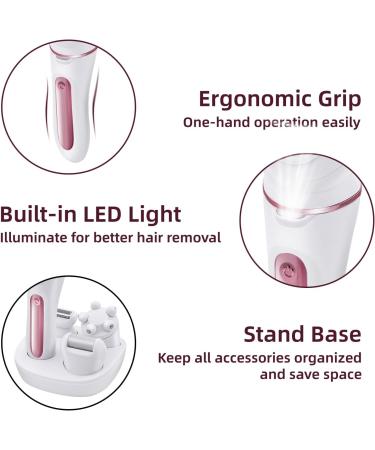 Mcbazel Cordless Epilators for Women 5 in 1 USB Rechargeable Hair Remover Electric Lady Shaver with Facial Cleansing/Massage Head/Callus Remover Fit for Face Legs Arms Armpit Bikini - Pink/White - Buy Online on GoSupps.com