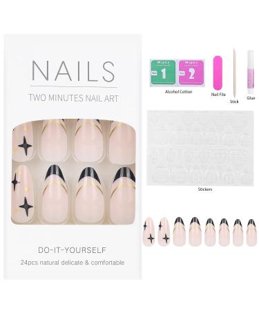 Buy Vaveah 24 Pcs Medium Press on Nails - Acrylic Stiletto Fake Nails with Stars & Glue for Women - Black French Design - Buy Online on GoSupps.com
