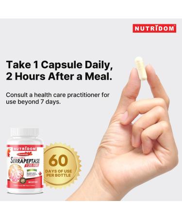 Nutridom Serrapeptase 120 000 SU Enteric Coated Capsules Non-GMO Free of Gluten Soy & Dairy Made in Canada (60 Count) - Buy Online on GoSupps.com