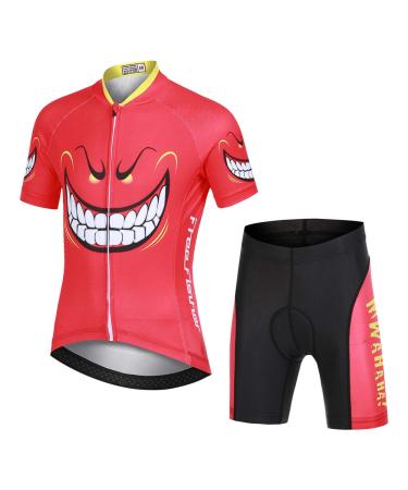 YFPICO Children's Cycling Jersey Set Boys Girls Bicycle Jersey Short Sleeve + Cycling Shorts with Seat Pad Red (set) 104-110