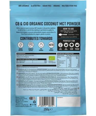 Organic MCT Powder C8 & C10 (250g) | Keto Friendly | Flavourless | Bulletproof & Fatty Coffee | Seed & Vegetable Oil Free - Buy Online on GoSupps.com