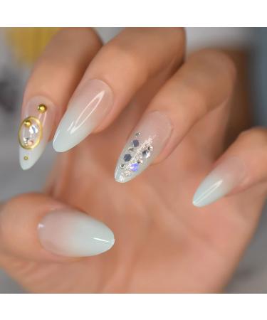 Ombre Almond Medium Fake Nails with Rings | Holo Glossy 3D Bling Press On Nails | Nude Light Green Gradient - 24pcs Kit - Buy Online on GoSupps.com