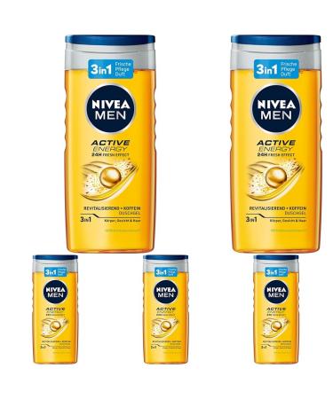 Nivea Men Active Energy Shower Gel (250 ml) pH-skin-friendly care shower with 24h freshness effect men shower gel with caffeine for body face and hair (pack with 5) 250 ml (5 Pack) Active Energy-New version