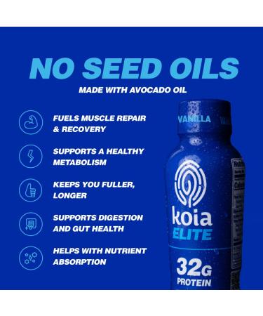 Koia Elite Plant Based Protein Shake, Vanilla, 32g Protein, 4g Sugar, 6g Prebiotic Fiber, Pre & Post Workout Nutritional Drink, No Seed Oils, Dairy-Free, Gluten-Free, Non-GMO, 12 Fl Oz (Pack of 12) - Buy Online on GoSupps.com